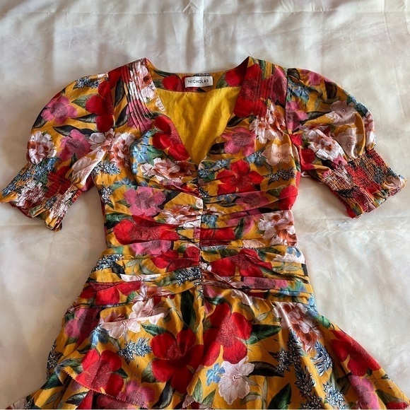 NICHOLAS- Orange Tangerine Floral Puff Sleeve Pintuck Mini Dress Size 4 - Picture 4 of 9